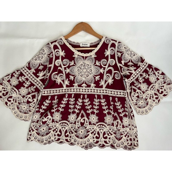 Kindred Burgundy Embroidered Blouse Top Bell Sleeve Small Boho Feminine Casual - Picture 5 of 8